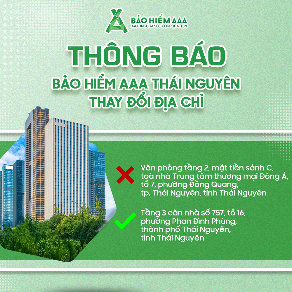 THÔNG BÁO THAY ĐỔI ĐỊA ĐIỂM TỔNG CÔNG TY CỔ PHẦN BẢO HIỂM AAA – CHI NHÁNH THÁI NGUYÊN